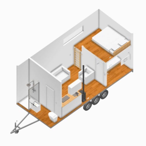 Isometric diagram of a small travel trailer with wooden flooring, showing interior layout including bed, bathroom, and kitchen areas.