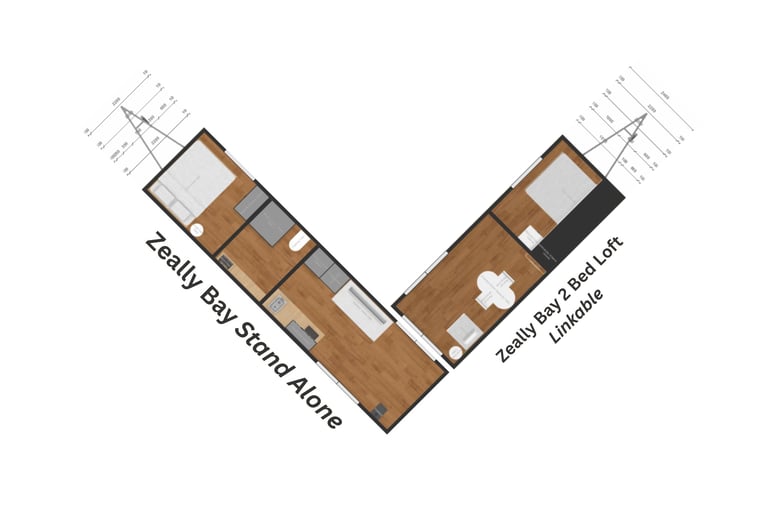 Floor plan of a two-bedroom apartment with bay storefront and loft unit layout