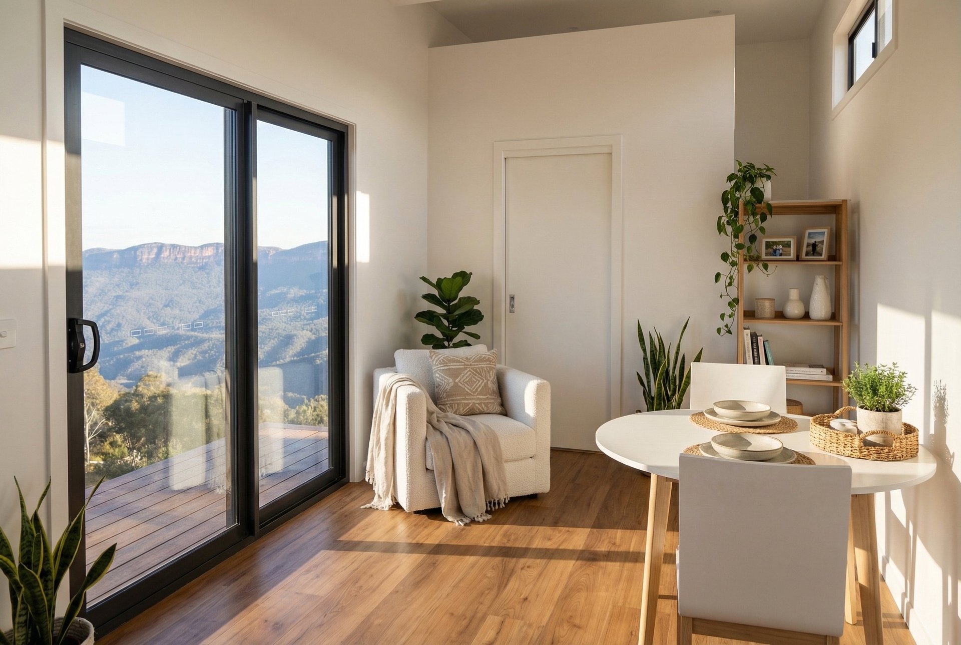 Bright modern home office with wooden floors, large window overlooking mountains, white desk, beige armchair, potted plants, and wooden shelving