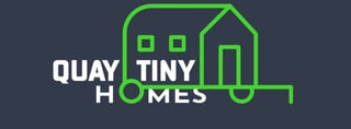 Quay Tiny Homes logo featuring white text with a green house outline icon on dark background