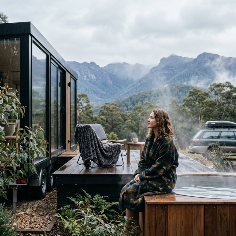 Woman sitting on wooden bench outside modern black cabin with mountain valley view in background