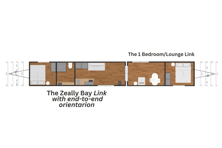 Floor plan of The Zeally Bay Link narrowboat showing 1 bedroom/lounge with end-to-end orientation layout