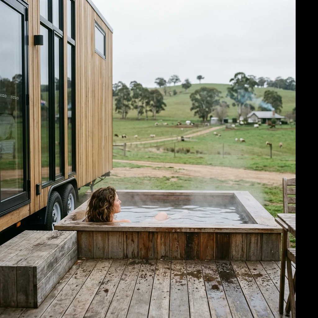 Person relaxing in wooden hot tub on deck beside modern cabin overlooking pastoral farmland with grazing cattle