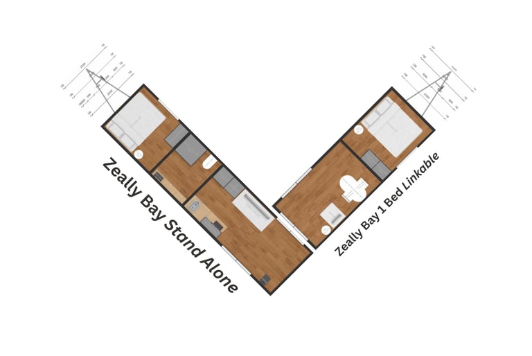 Top-down floor plan of an L-shaped apartment showing two bedrooms, bathrooms, and living areas with wood flooring and furniture layout